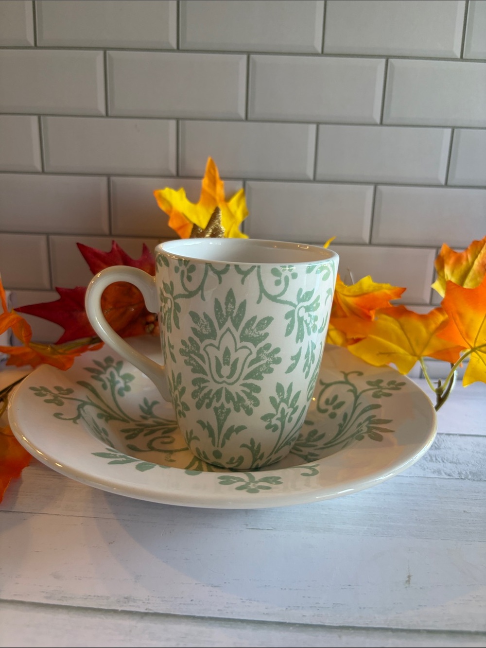 Gorham Green Damask Espresso Cup and Bowl